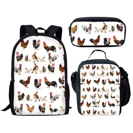 doginthehole Chicken Print Backpack Set 3 Piece Shoulder School Book Bags for Kids Boys Girls