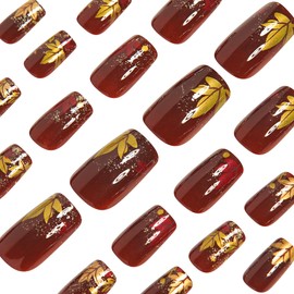 ONPRESS 24Pcs Fall Press on Nails Medium Square Fake Nails with Golden Maple Leaf Design Thanksgiving False Nails Gold Glitter French Tips Glue on Nails Brown Glossy Full Cover Acrylic Nails for Women