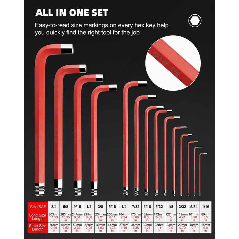 ROTATION 14PC Jumbo Hex Key Set - Metric 1.5-19mm Long
