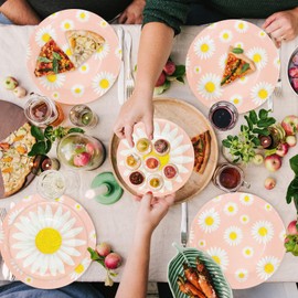 WODJR 80Pcs Daisy Tableware Daisy Party Decorations Daisy Dinnerware Daisy Plates Napkins Cups Daisy Disposable Tableware Daisy Party Supplies Boho Rainbow Party Decorations Daisy Birthday Decorations