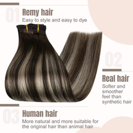 Fshine Clip-In Hair Extensions, Real Human Hair Balayage, Dark Brown to Blonde Highlights Human Hair Clip-In Extensions, Remy Hair Extensions Clip-In, Silky Soft, 50 cm, 120 g, 7 Pieces