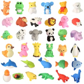 Children's Erasers, 35 Pieces Animals Small Pencil Eraser Set, Mini Pencil Eraser, Cute Animal Erasers, Colourful Erasers for Birthday Party
