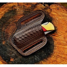 ADAM KNIVES Leather Pocket Knife Sheath for Belt, Slanted Sheath, Tooled Leather Sheath, Beautiful Folding/Trapper Knife Leather Cover 100% Real Leather (Dark Brown)