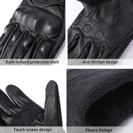 Harssidanzar Mens Winter Warm GoatSkin Leather TouchScreen Motorcycle Gloves GM041UK, Black (Fleece Lined), Size L