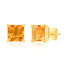 MAX + STONE 14k Yellow Gold Princess Cut Yellow Citrine Square Stud Earrings for Women 7mm Solitaire November Birthstone with Push Backs