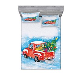 Ambesonne Christmas Fitted Sheet & Pillow Sham Set, Vintage Truck in Snowy Winter Scene Tree and Gifts Candy Cane Kids Print, Decorative Printed 3 Piece Bedding Decor Set, Full, Blue White Red