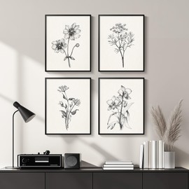 Framed Black and White Floral Wall Art for Bedroom, 4 Piece Vintage Botanical Canvas Paintings Artwork for Modern Farmhouse, Minimalist Flower Pictures for Living Room Kitchen Bathroom Wall Decor