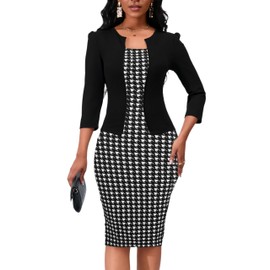 Women's Reto Bodycon Midi Dresses 3/4 Sleeve Teacher Church Wear to Work Modest Business Outfits Faux Blazer Suiting Pencil Dress