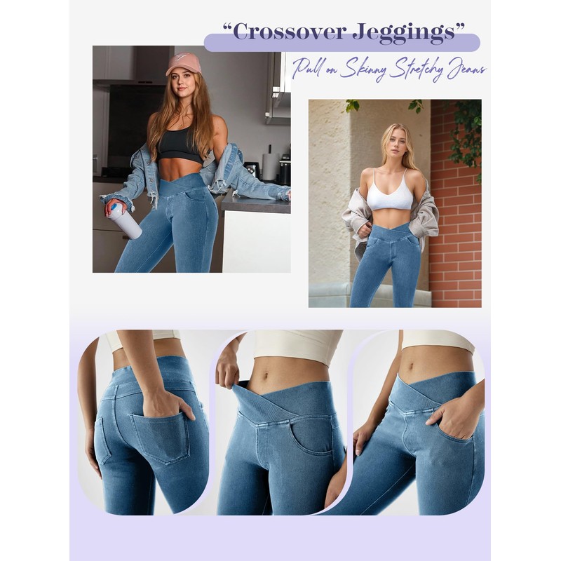 AIMILIA Crossover Jeggings for Women Tummy Control High Waist Pull