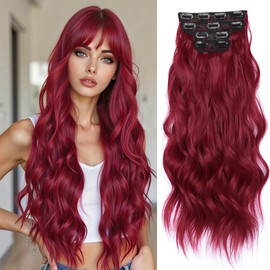 JIAMEISI Clip in Hair Extensions 4PCS Full Head Long Wavy Hair Extensions Synthetic Fiber 22 Inch 200g Clip in Thick Hairpieces for Women/Girls (#850A Dark Red)