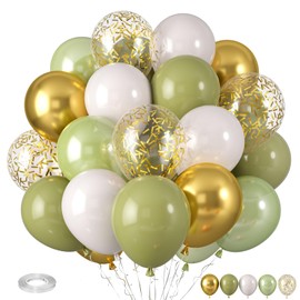 Sage Green Balloons, Sage Balloons Retro White Pearl Light Green Balloons, White Sand Gold Balloons Gold Confetti Balloons for Birthday Wedding Baby Shower Graduation Party Decorations Supplies