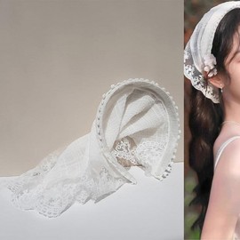 Women's Triangular Lace Mesh Hairband Scarf Short Hair Pink