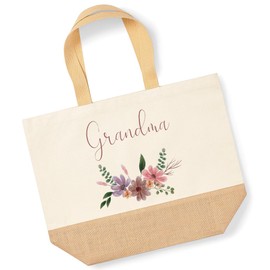 Lovely Grandmother Shopper Bag - Grandma Flowers - Jute Canvas X-Large Tote Bag - Mothers Day Nanny Grandma Gran Nan XL natural