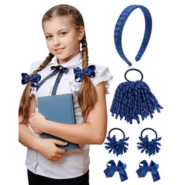 WELROG 6 Pcs Navy Blue Hair Bows Set - School Uniform Accessories for Girls, Soft Ribbon Hair Clips & Scrunchies, Back to School Essentials