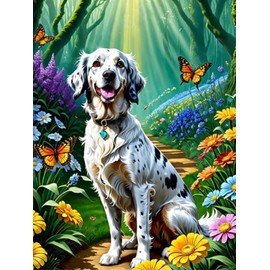 EATUKYIC English Setter Diamond Art Painting Kits, Green Forest Dog DIY Round Full Drill Diamond Dots Paintings for Beginners Adults, 5D Paint Diamonds Pictures Gem Art Painting Kits 12x16inch