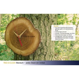 TFA Dostmann Tree-O-Clock Wanduhr aus Eichenholz, 60.3046.08, hochwertiges Uhrwerk, handgemacht in der EU, Unikat, geölt, Eiche, Braun, L242 x B42 x H234 mm