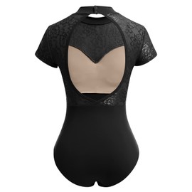 IDOPIP Ballet Leotards for Women Adult Turtleneck Floral Lace Short Sleeve Dance Leotard with Bra Elegant Backless Gymnastics Leotards Dance Ballet Tank Ballerina Costume Dancewear Black L