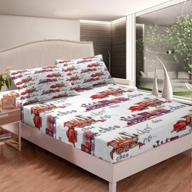 Kids Train Bedding Set Full Size Cartoon Car Fitted Sheet for Boys Girls Choo-Choo Train Tracks Bed Sheet White Red Construction Vehicle Deep Pocket Sheet Teens Bedroom Decor,2 Pillowcase
