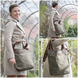 Leconi Women’s Genuine Leather Vintage Look Handbag - Canvas and Leather Shopper with Shoulder Strap - Bag for Work, Office or Everyday - 34 x 35 x 10 cm - LE0054-C - Green -