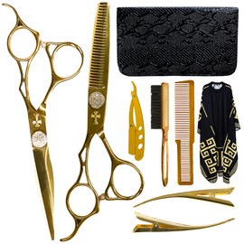 WR Castle Hairdressing Set, Professional Hair Cutting Scissors, Hair Clips, Hair Brush, Comb, Razor, Hairdressing Cape, Leather Case
