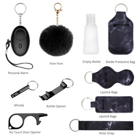 Safety Keychain Set for Women and Kids,Personal Safety Alarm,Soft Pom Pom and Whistle (Black)
