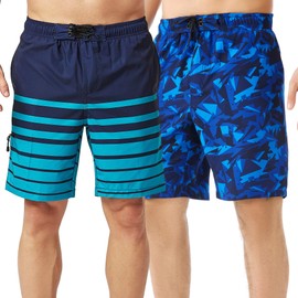 TEX2FIT 2-Pack Stretchy Mens Swim Shorts 9 Inch Inseam with Zippered Side Pocket, Quick Dry Swim Trunks with Mesh Lining (Navy Stripe/Navy Geo, Medium)