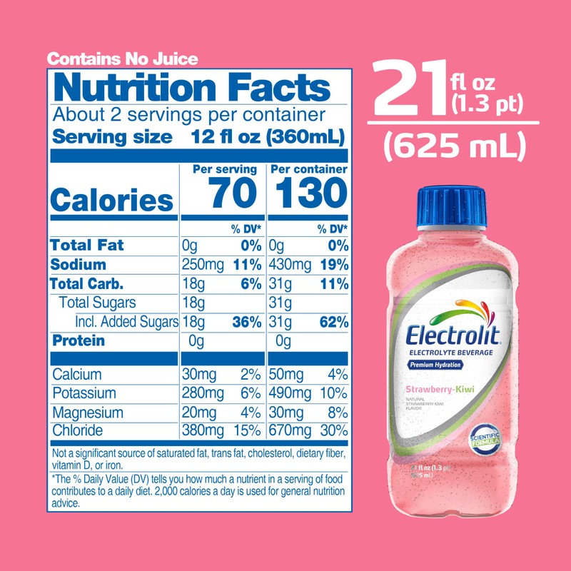 Electrolit, Electrolyte Beverage, Strawberry-Kiwi, 21 Fl Oz bottle (Pack of