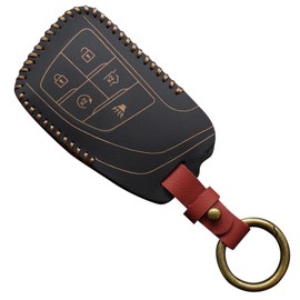 2M2 Genuine Leather Smart Key Fob Case Cover Key Holders Keychain Compatible with Silverado Sierra Equinox Acadia 2021-2024 (5-Button, Red)