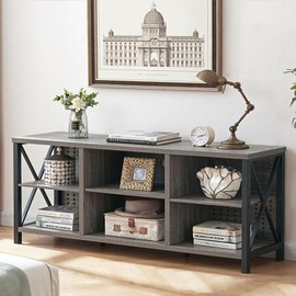 LVB TV Stand for 75 Inch TV, Long Modern Rustic Wood Entertainment Center, Large Industrial Metal Media Television Stands with Console Table Cabinet Storage for Living Bedroom, Light Gray Oak, 63 Inch