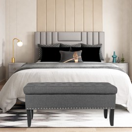Adeco Storage Ottoman Bench, Fabric Rectangular Button Tufted Footrest, End of Bed Bench Footstool with Nailhead Trim for Living Room Bedroom (Dark Grey)