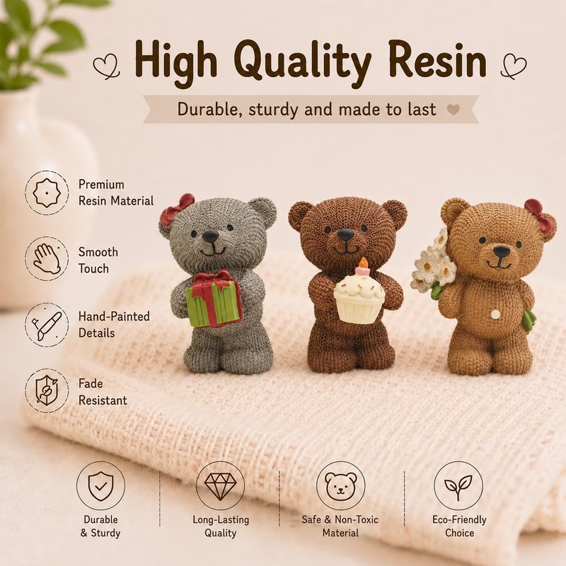 MeritMode Teddy Bear Ornaments Set, 2.8”H Resin Figures, Cute Home