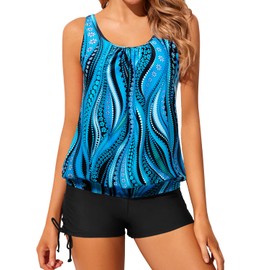 Yonique Blouson Tankini Swimsuits for Women Two Piece Bathing Suits Tops with Boyshorts Modest Loose Fit Swimwear Blue Wavy Pattern L