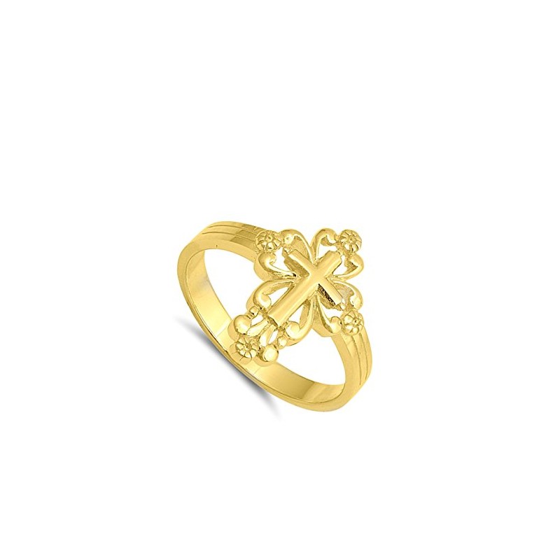 Gold-Tone Victorian Cross Christian Ring New 925 Sterling Silver Band