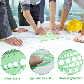 SwirlColor Hole Template, 10-18 cm Measuring Stencils Green Plastic Transparent Multiple Shapes Geometric Stencil Drawing for Painting Kids Architect School Pack of 6 with A5 Zip Bag 1 Piece