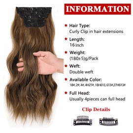 Xtrend 16Inch Wavy Hair Extensions Clip in Hair Extensions Synthetic Hair pieces for Women Girls 4PCS Full Head Set Thick Curly Wavy Synthetic Hair Extensions(89#)
