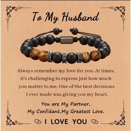 WDong Gifts for men, mens gifts bracelets with Tiger Eye and Black Matte Stone for husband boyfriend, perfect Gifts for him on Anniversary, Birthday, Christmas, Valentines Day (To Husband)