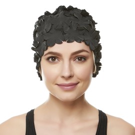 Beemo Floral Petal Swim Cap for Women – Retro Style Vintage Bathing Cap Swimming Hat for Long and Short Hair - Black