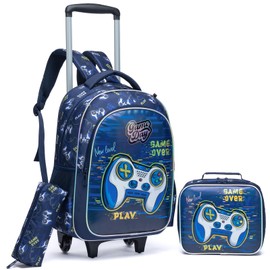 Egchescebo Kids Rolling Games Backpack for Boys Trolley Suitcases Luggage Travel with Wheels Bookbag Wheeled 3PCS Roller Backpacks Toddler Tote Bag Back Pack School Bags Set Elementary Blue