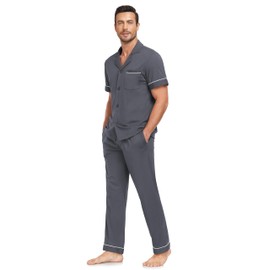 EA'S SECRET Short Sleeve and Long Pants Pajamas for Men Button Down Sleepwear Loungewear Lightweight Mens Pj Set(Deep Gray,L)