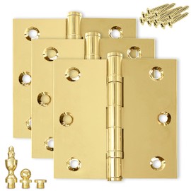 Finsbury Hardware Solid Brass Door Hinge Heavy Duty Ball Bearing Polished Shiny Gold 3x3 Inch with Decorative Screw-on Tips Included - Set of 3 Hinges (Polished Brass)