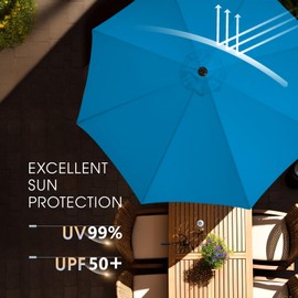 wikiwiki 9 FT Patio Umbrellas Outdoor Table Market Umbrella with Push Button Tilt/Crank, 8 Sturdy Ribs, Fade Resistant Waterproof POLYESTER DTY Canopy for Garden, Lawn, Backyard & Pool, Imperial Blue