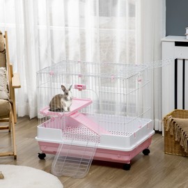PawHut 2-Level Small Animal Cage Rabbit Hutch with Wheels, Removable Tray, Platform and Ramp for Bunny, Chinchillas, Ferret, Pink