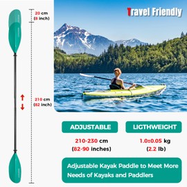 WONITAGO Kayak Paddles Carbon Fiber Shaft Paddle with Nylon Blades, Floating Adjustable Kayaking Oars, 3 Piece, 210-230 cm/82-90 Inches,Teal