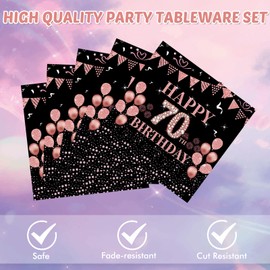 70th birthday decorations for women Black and Rose Gold Pink Birthday supplies Plates and Napkins,Vintage 1953 Aged Birthday Party Decorations Disposable tableware set for Girls 70th Class Reunion