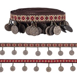 PH PandaHall 5 Yards Vintage Embroidered Jacquard Ribbon, 12mm Polyester Ribbon Ethnic Pattern Single Sided Fringe Embellishment with 34mm Metal Charms for Clothing Accessories, Gifts