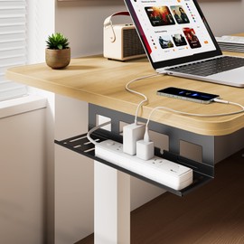 PEGZONE Under Desk Cable Management Tray, 15.7 Inches Metal Cord Organizer Rack, Desk Tray for Power Strip, Cord, Wire, Easy Mounting Cable Management Under Table for Home Office, Black