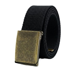 WAUNEE Canvas Belt Web Belt Military Golf Uniform with Antique Brass Flip-Top Buckle and Tip 45" Long Antique Brass Buckle(Black)