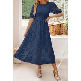 ZESICA Women's 2025 Summer Short Puff Sleeve Crewneck Smocked Floral Lace Flowy A Line Tiered Maxi Dresses,Navy,Small