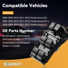 SOAESCN Honda Accord Driver Side Power Window Switch for 2008 2009 2010 2011 2012 Honda Accord EX-EXL-LX Sedan, 2 Auto Door Lock Window Master Switch 35750TA0A32-35750TA0A31-35750TA0A21-35750TA0A22