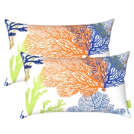 LVTXIII 12×20 Inch Outdoor Lumbar Pillows, Pack of 2 Water Repellent Lumbar Pillow with Inserts, Fluffy Decorative Garden Lumbar Cushions for Home Patio Coach Sofa Use, Coral Multi